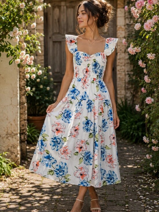 Abercrombie & Fitch Dresses & Skirts - Abercrombie & Fitch Ruffle Strap Smocked Midi Dress Floral Poplin White Size XS